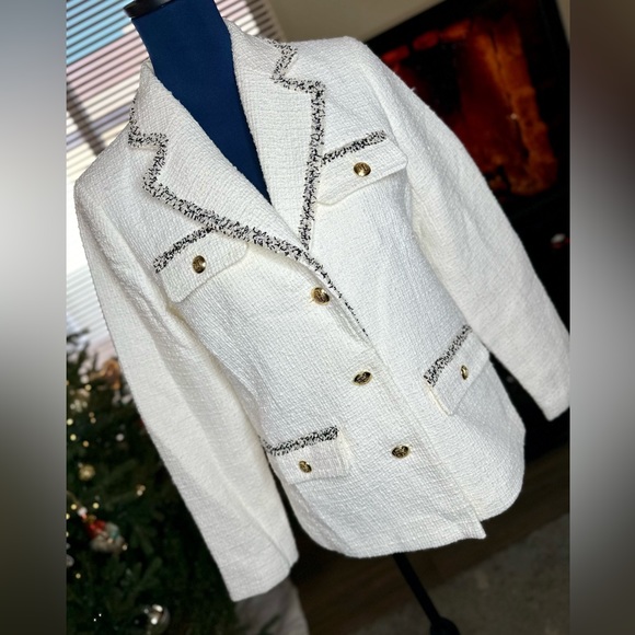 EUC Talbots Cream Tweed Blazer w/ Fringe Trim - Picture 8 of 17